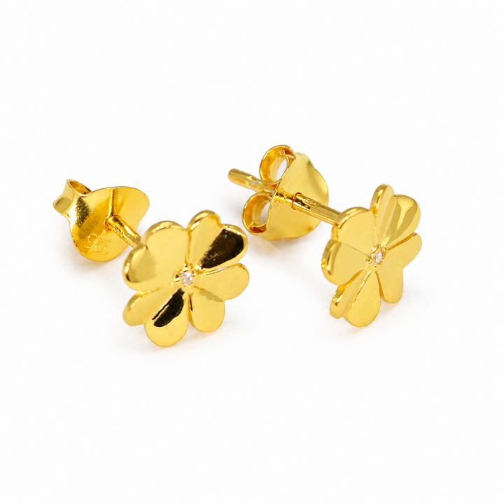 Fleurette Pavé Bloom Stud Earrings in 18K Gold over 925 Silver on pure white background