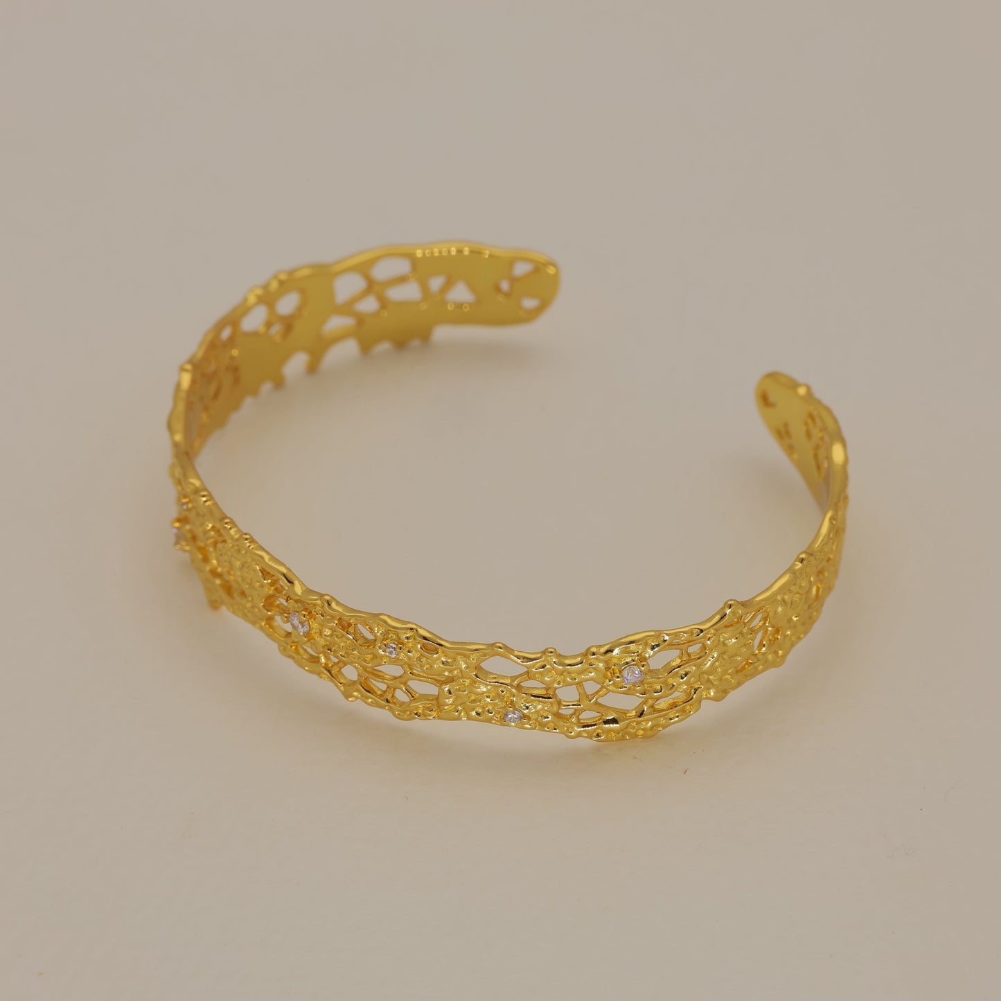 24k gold over 925 silver filigree cuff bangle with cubic zirconia open design