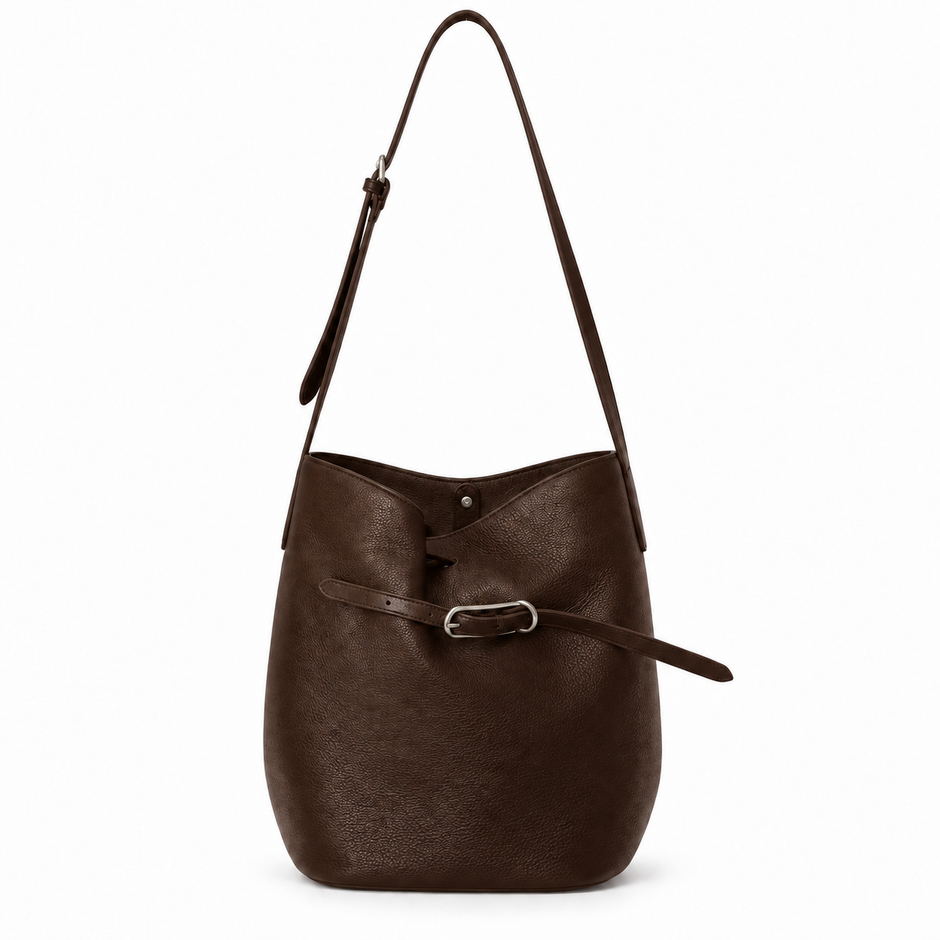 Camille Leather Bucket Shoulder Bag in Ebony – front view
