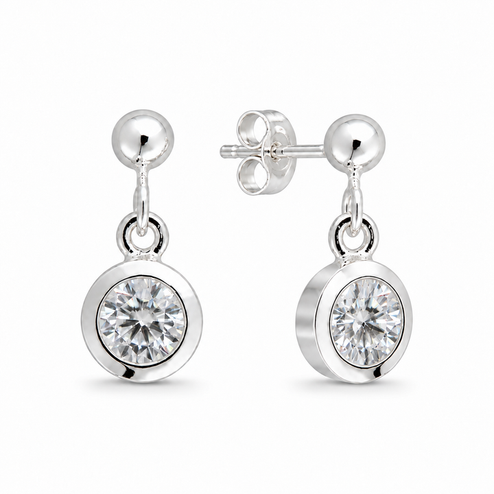 Élora Bezel Drop Earrings - white background front and right angle