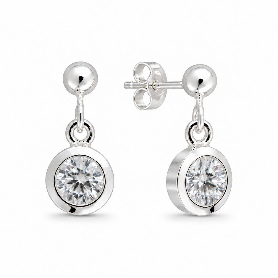 Élora Bezel Drop Earrings - white background front and right angle