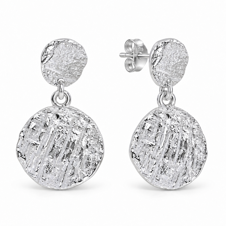 Orélie Textured Drop Earrings - white background front and right angle