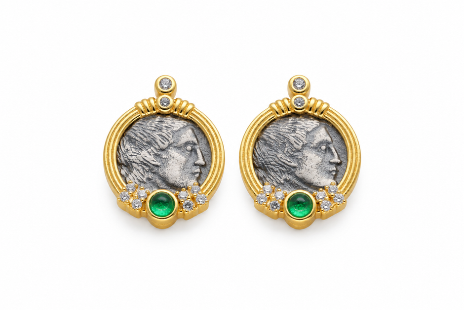 Lysandra Coin Stud Earrings with Green Agate in 24K Gold Over 925 Silver by MOA - view 1