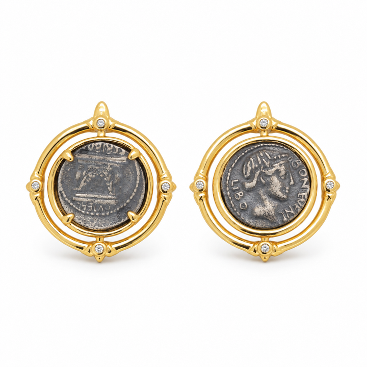 Evariste Coin Stud Earrings in 24K Gold Over 925 Silver by MOA - view 1