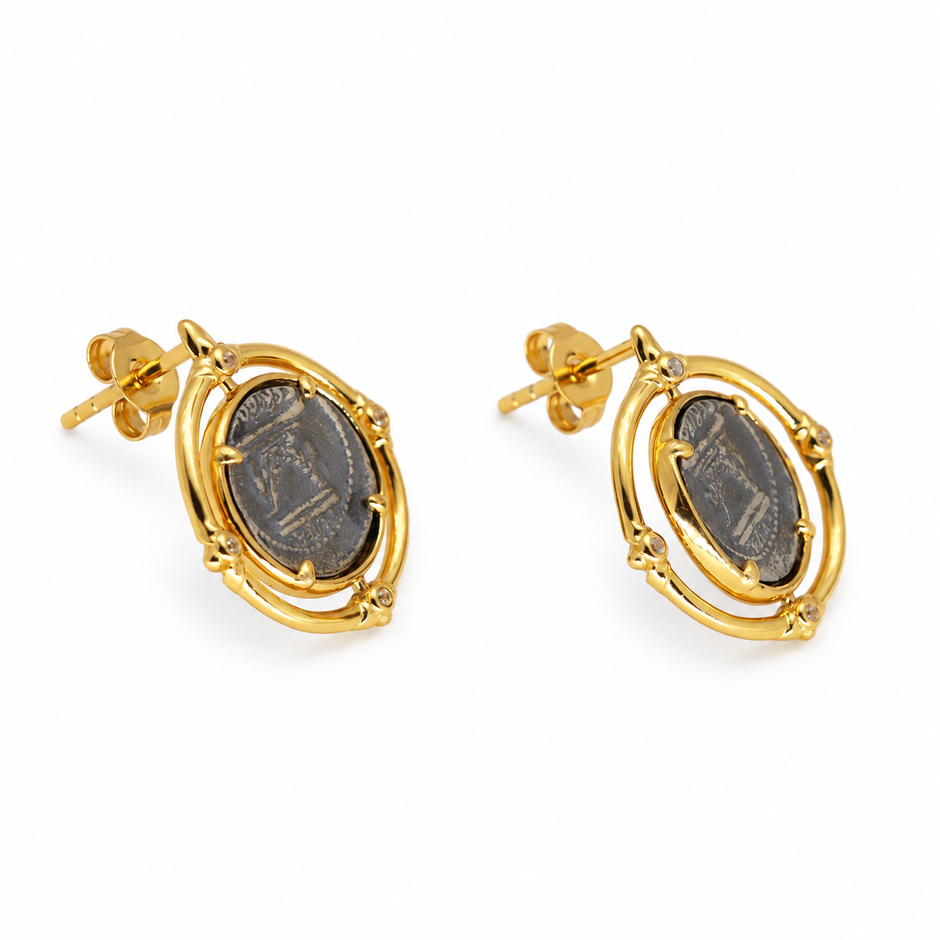 Evariste Coin Stud Earrings in 24K Gold Over 925 Silver by MOA - view 2