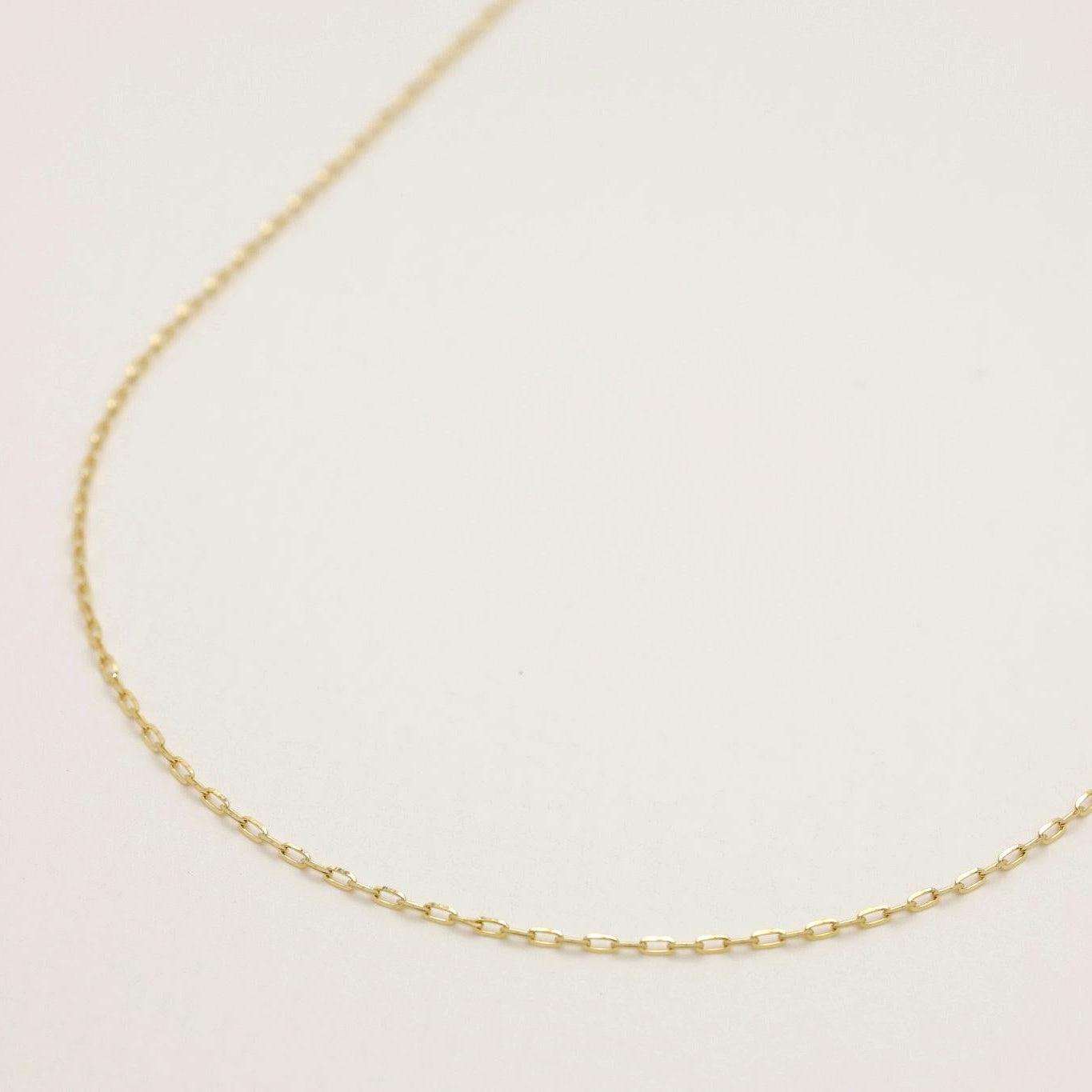 Angled detail shot of the Juliette Chain Necklace in 10K gold, highlighting the fine chain and polished finish.