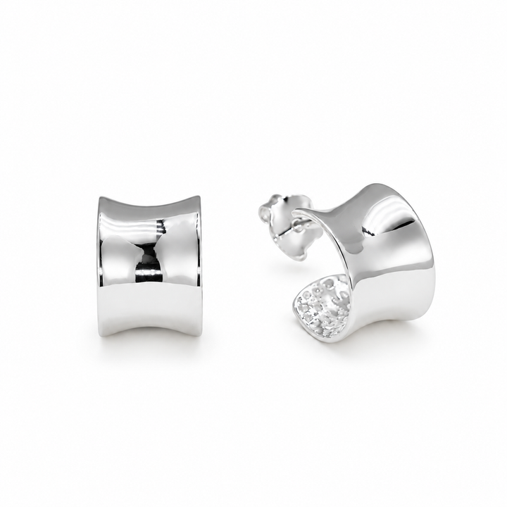Alvéra Curve Stud Earrings in 925 Sterling Silver - front and angled view