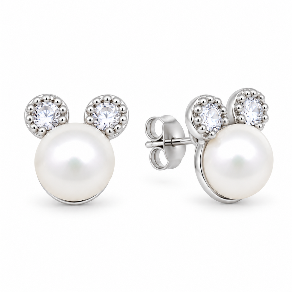 Auriane Pearl Stud Earrings in 925 Sterling Silver by MOA - front and right side view