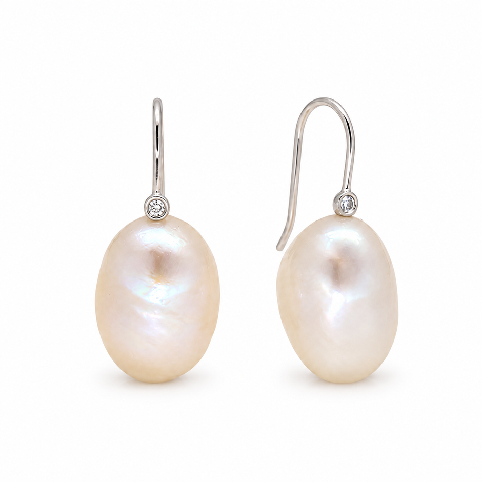 Céleste Freshwater Pearl & CZ Drop Earrings in 925 Sterling Silver