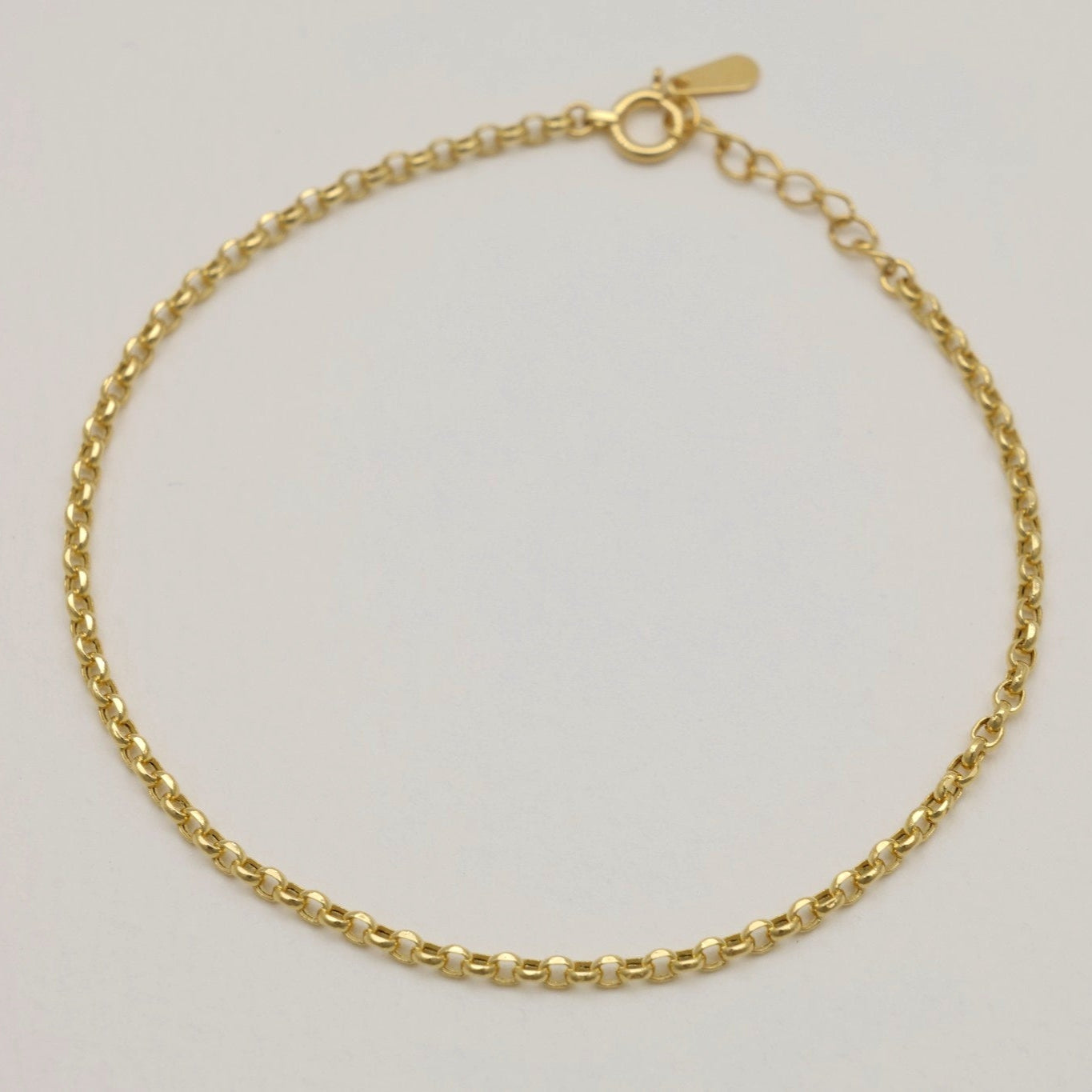 18K gold rectangular link bracelet on soft neutral background, showing full length