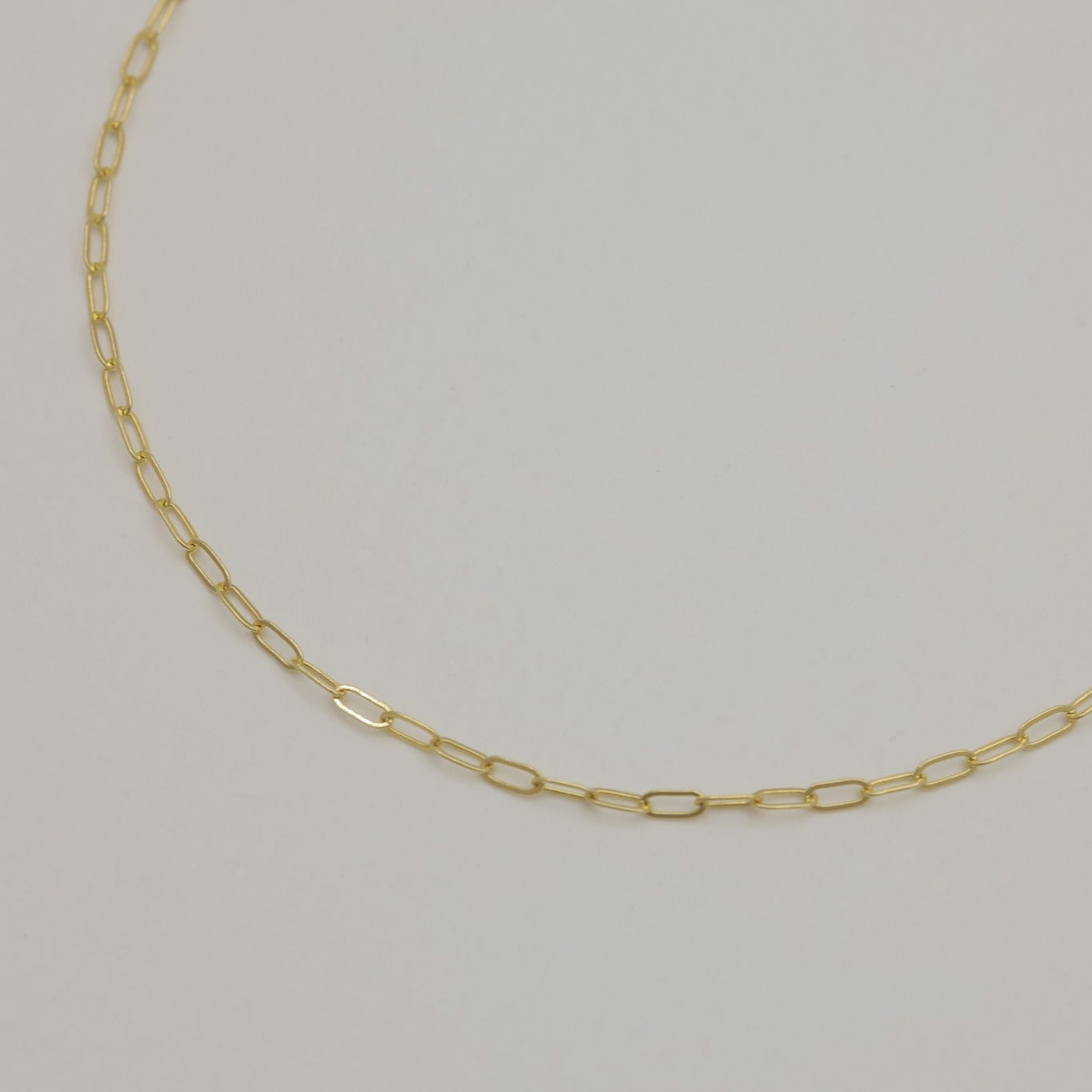 Close-up of Colette chain necklace showing fine rectangular links in 14K gold.
