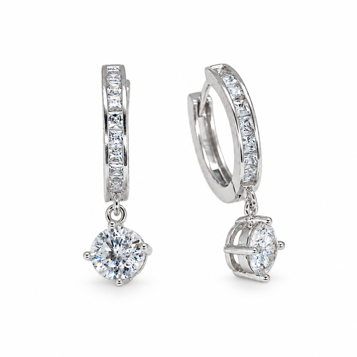Élaris Drop Huggie Earrings in 925 Sterling Silver - front and angled view