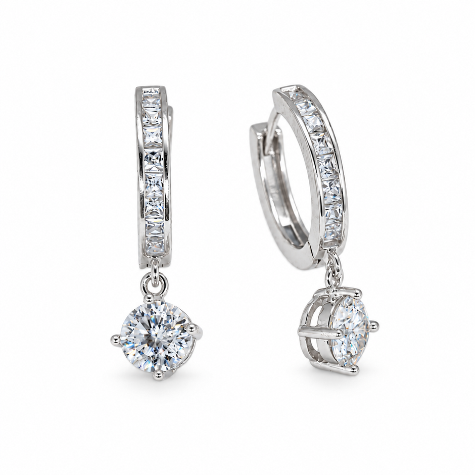 Élaris Drop Huggie Earrings in 925 Sterling Silver - front and angled view