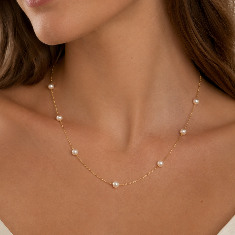 Elina Delicate Station Akoya Pearl Necklace in 18K Gold by MOA - view 2