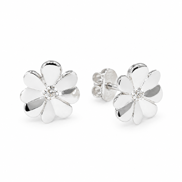 Fleurette Pavé Bloom Stud Earrings in 925 Sterling Silver - front and right angled view