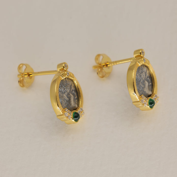 Lysandra Coin Stud Earrings with Green Agate in 24K Gold Over 925 Silver by MOA - view 2