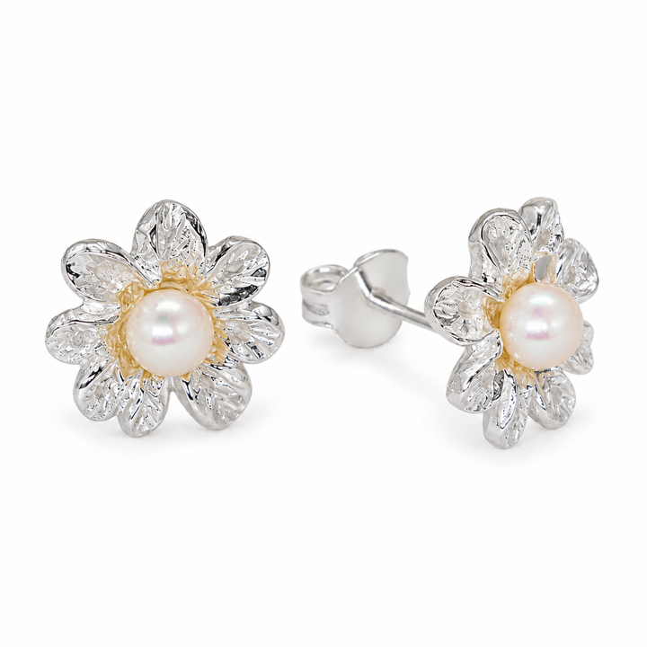 Lyselle Pearl Flower Stud Earrings in 925 Sterling Silver - front and right angled view