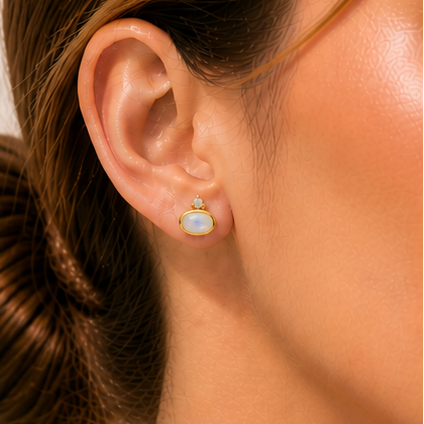 Selene Ovale CZ Moonstone Stud Earrings in Gold Vermeil by MOA - view 3