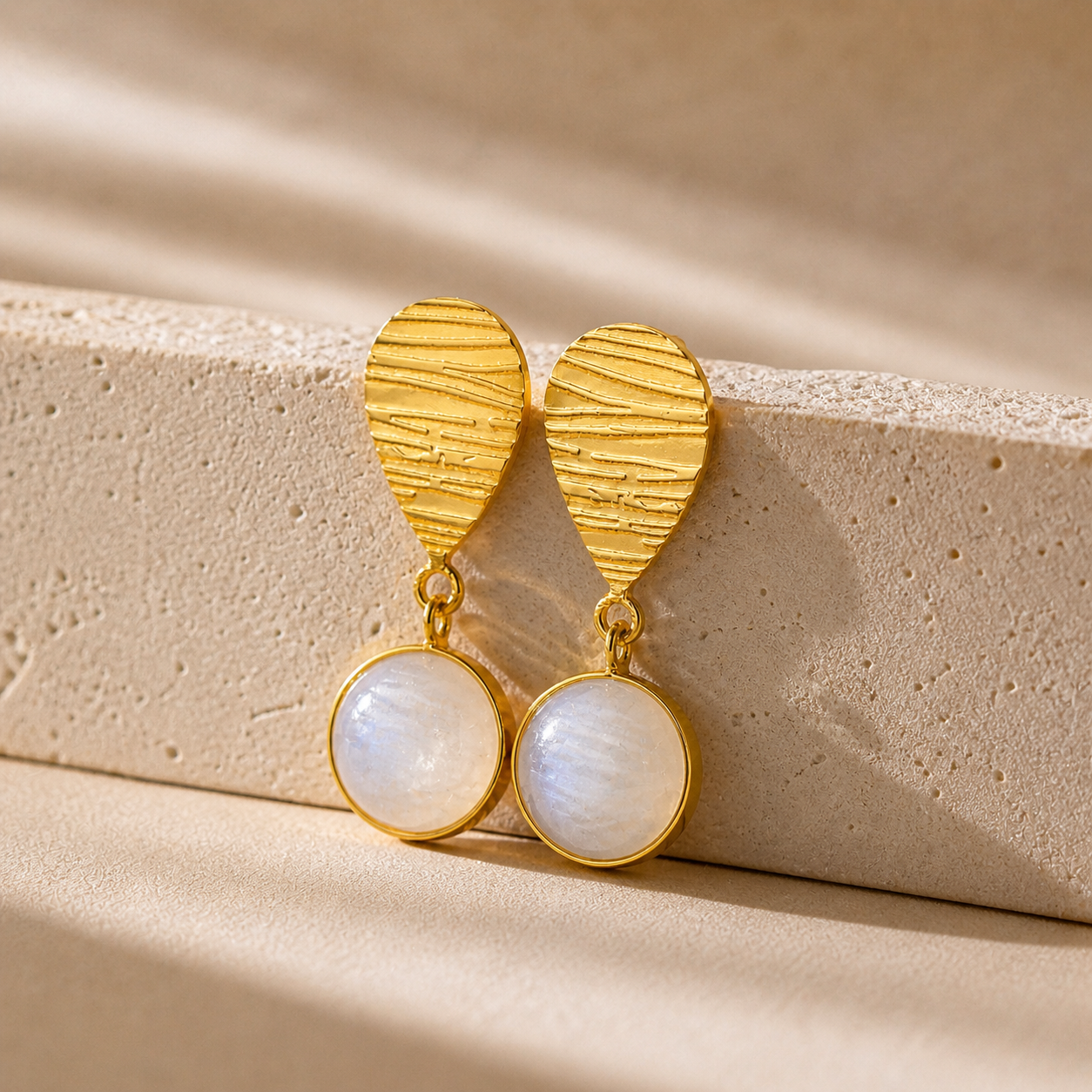Selene Texture Moonstone Drop Earrings in Gold Vermeil by MOA - view 3