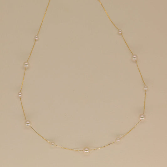 18k gold akoya pearl station necklace with mixed 3mm and 5mm pearls