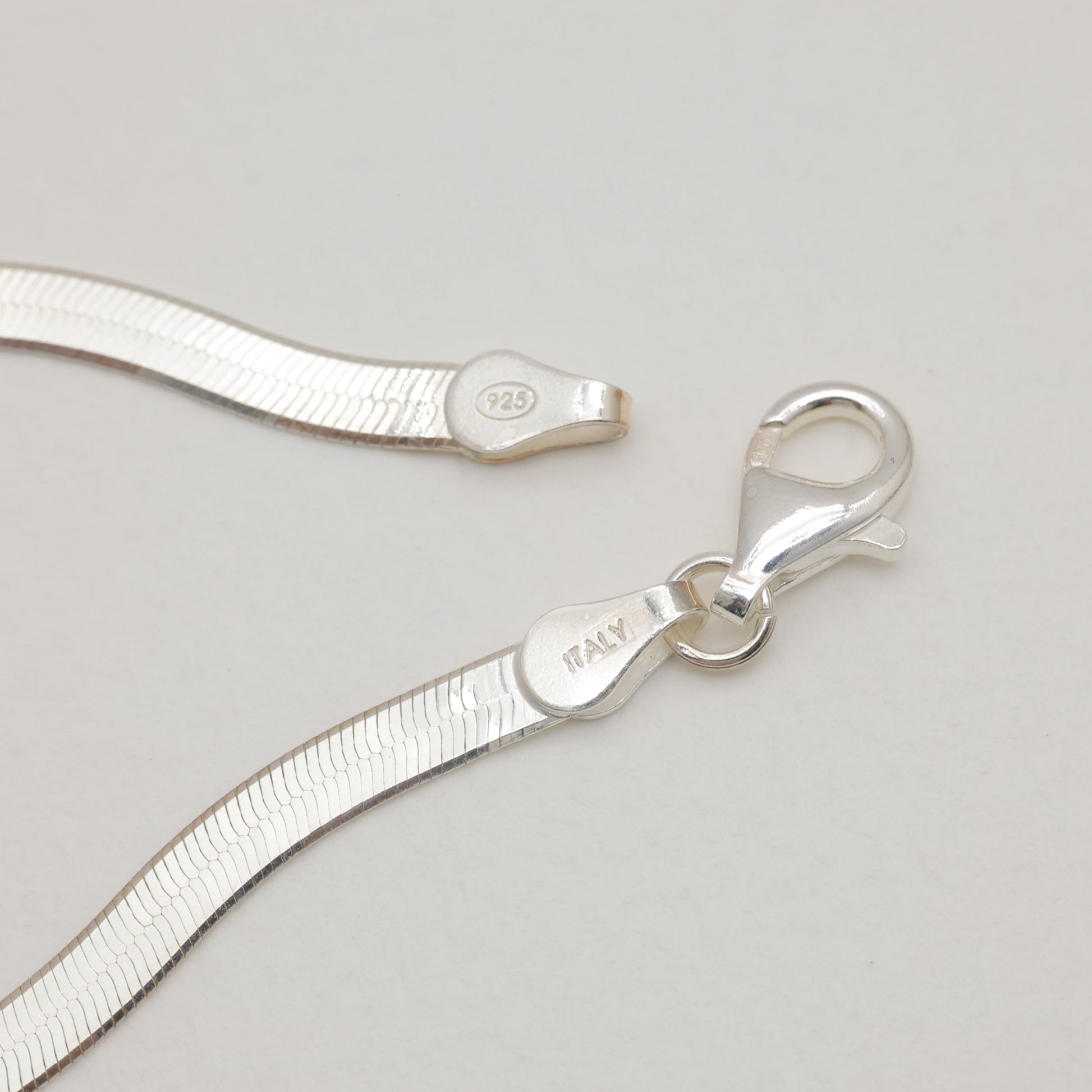 Silver necklace with clasp on a light gray background