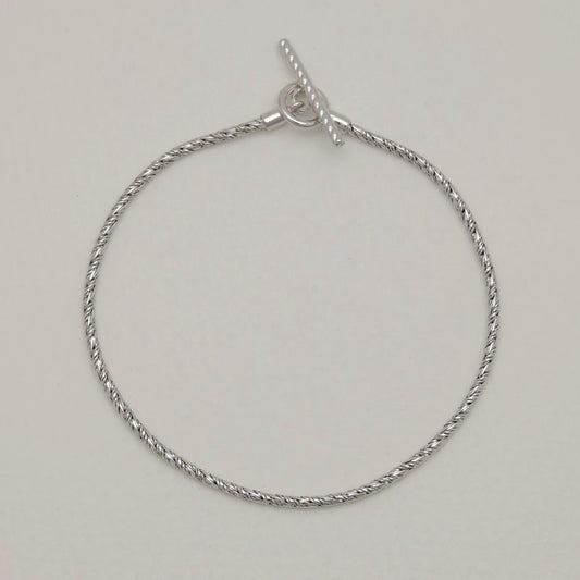 Flat-lay of the Érine Chain Bracelet showcasing its polished silver braid and classic shape.