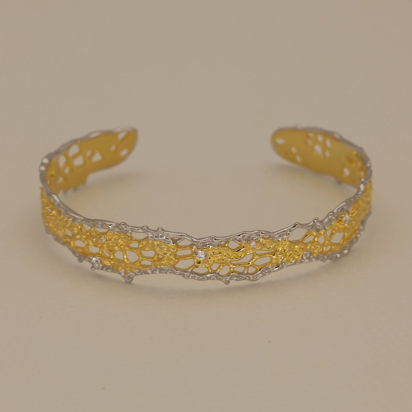 two tone silver and gold filigree cuff bangle with cubic zirconia open design