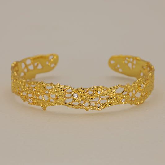 24k gold over 925 silver filigree cuff bangle with cubic zirconia open design