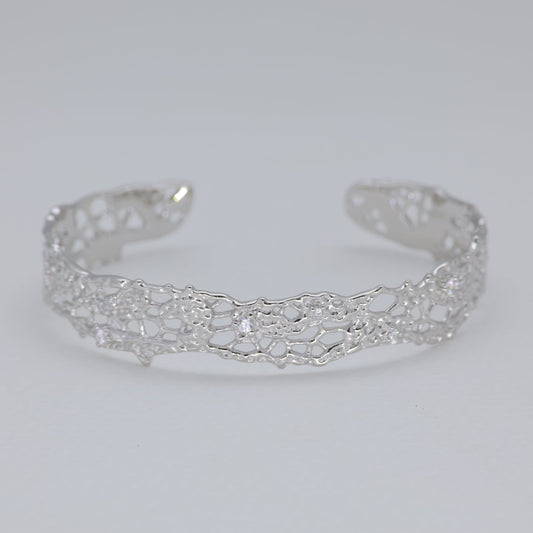 sterling silver filigree cuff bangle with cubic zirconia open design