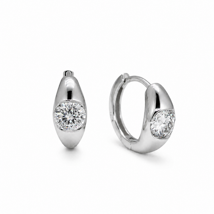 Alouette Bezel Huggie Earrings in 925 Sterling Silver on pure white background