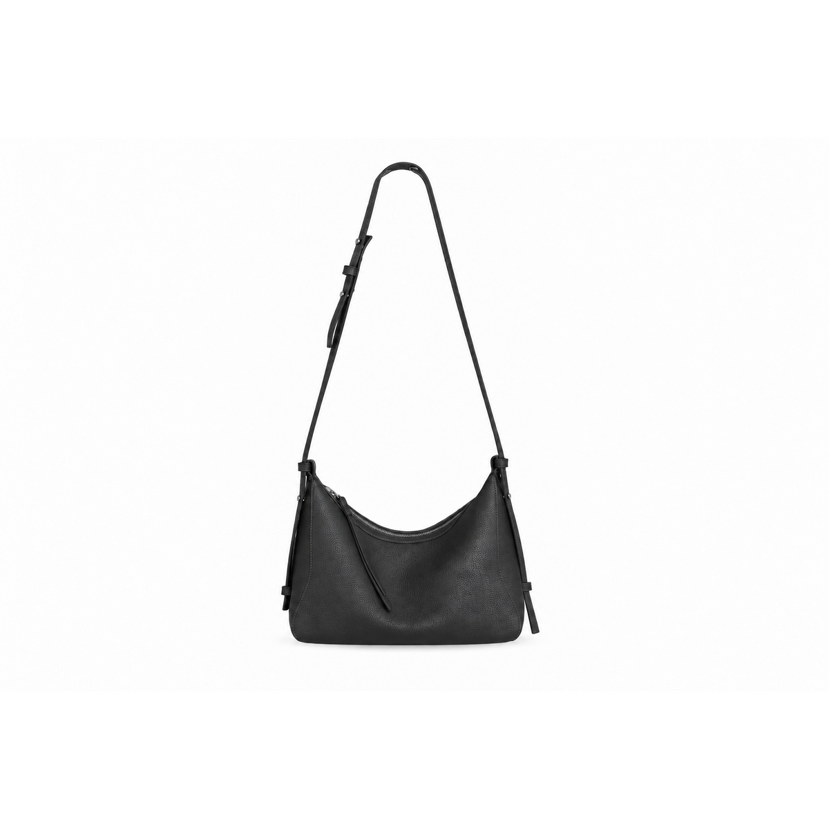 Soline Leather Crescent Bag in Black – extended strap view