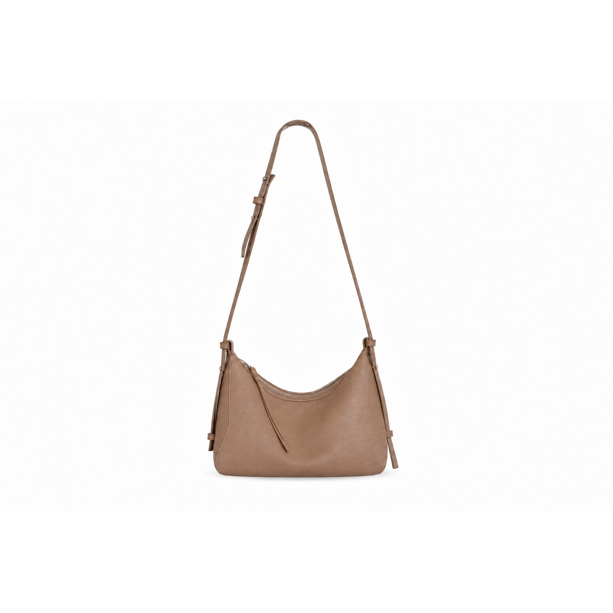 Soline Leather Crescent Bag in Brown – extended strap view