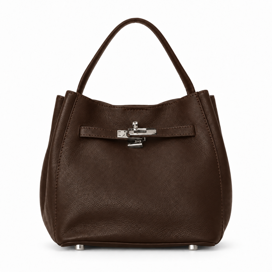 Delphine Leather Mini Top Handle Bag in Ebony – front view