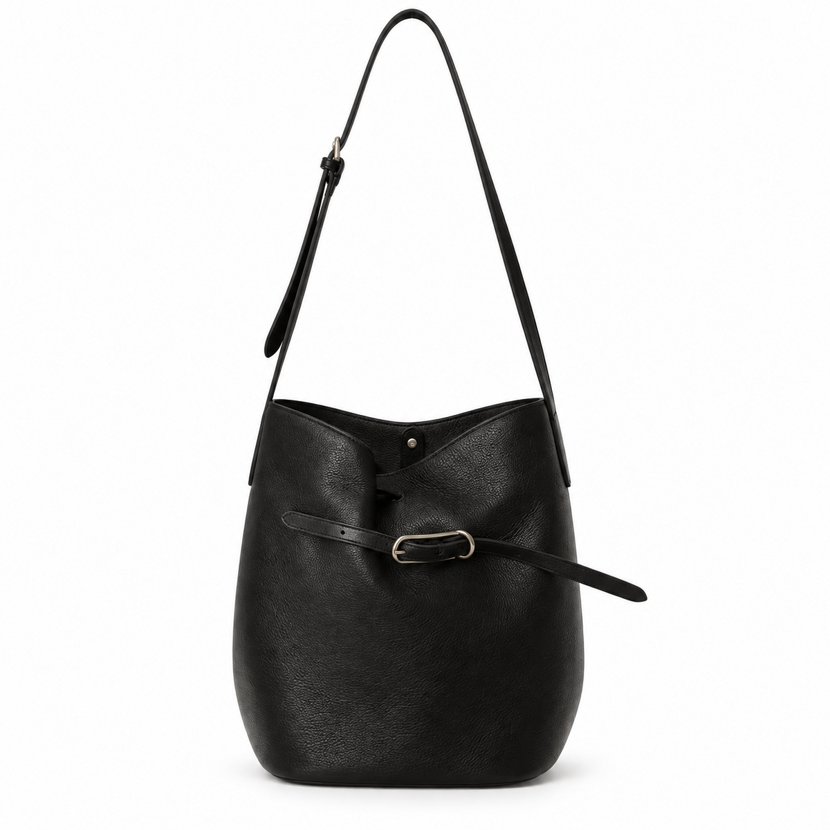Camille Leather Bucket Shoulder Bag in Black – front view