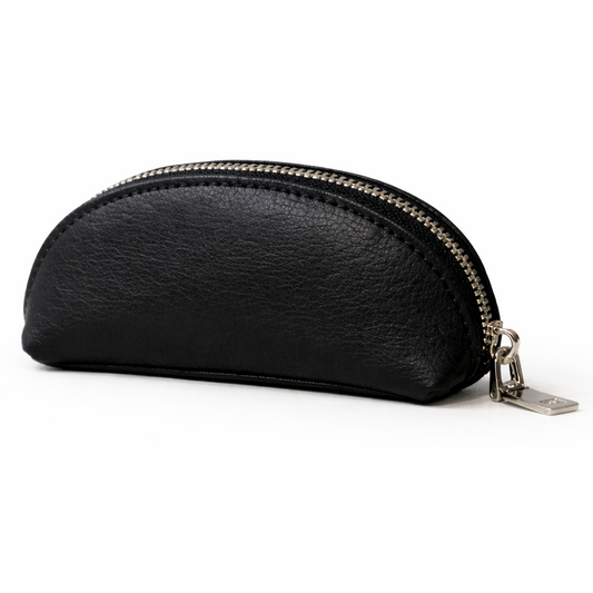 MOA black leather mini zip pouch with silver zipper on a clean white background