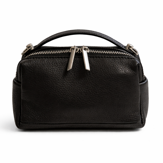 MOA black leather mini top handle bag with structured shape and silver hardware on a clean background