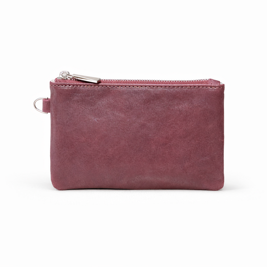 MOA burgundy leather mini pouch with zip closure and soft leather texture
