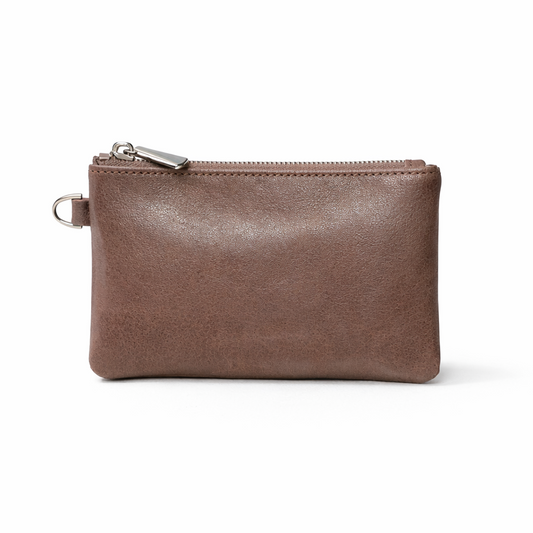 Coffee leather mini zip pouch with curved silhouette
