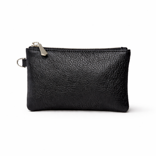 Black leather mini zip pouch with curved silhouette