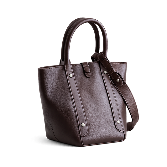 Chocolate vegetable-tanned leather bag with structured shape and panel detailing