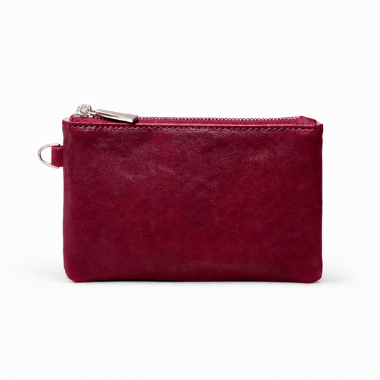 MOA burgundy leather mini pouch with zip closure and soft leather texture