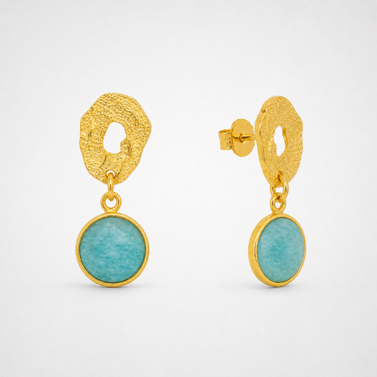Amazone Sculptée amazonite drop earrings in gold vermeil worn on ear showing open-form textured gold stud and round amazonite drop against neutral top
