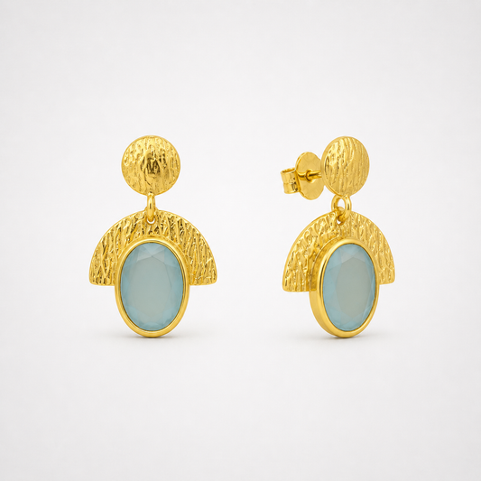 Arche aqua chalcedony drop earrings in gold vermeil with textured round stud, arch frame and large oval stone, product shot on white background