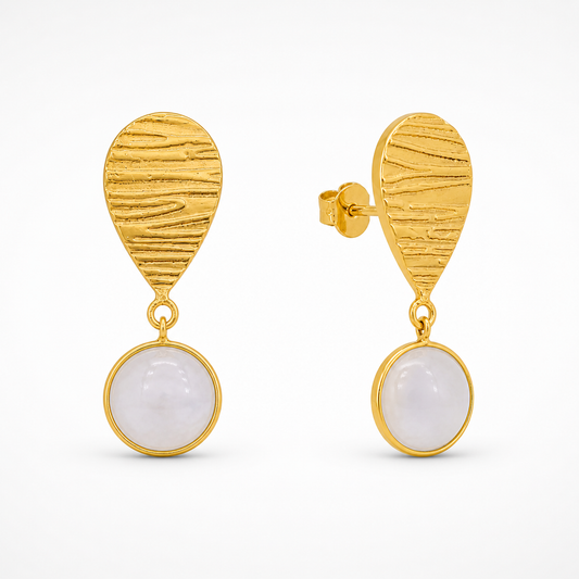 Séléné Texturé rainbow moonstone drop earrings in gold vermeil with ridged teardrop stud and round moonstone pendant, product shot on white background