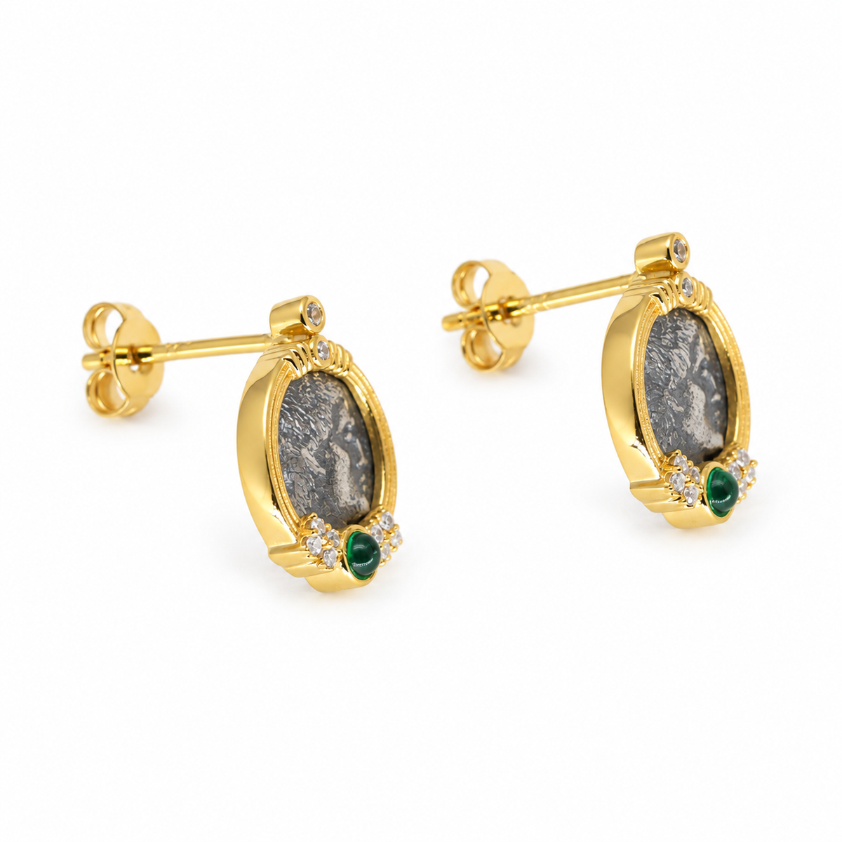 Lysandra Coin Stud Earrings with Green Agate in 24K Gold Over 925 Silver by MOA - view 2