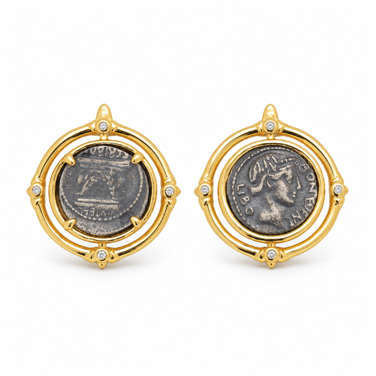 Evariste Coin Stud Earrings in 24K Gold Over 925 Silver by MOA - view 1