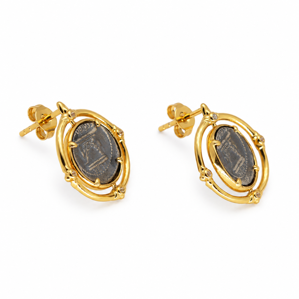 Evariste Coin Stud Earrings in 24K Gold Over 925 Silver by MOA - view 2