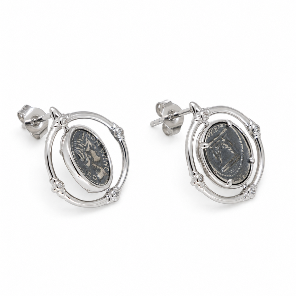 Evariste Coin Stud Earrings in 925 Sterling Silver by MOA - view 2