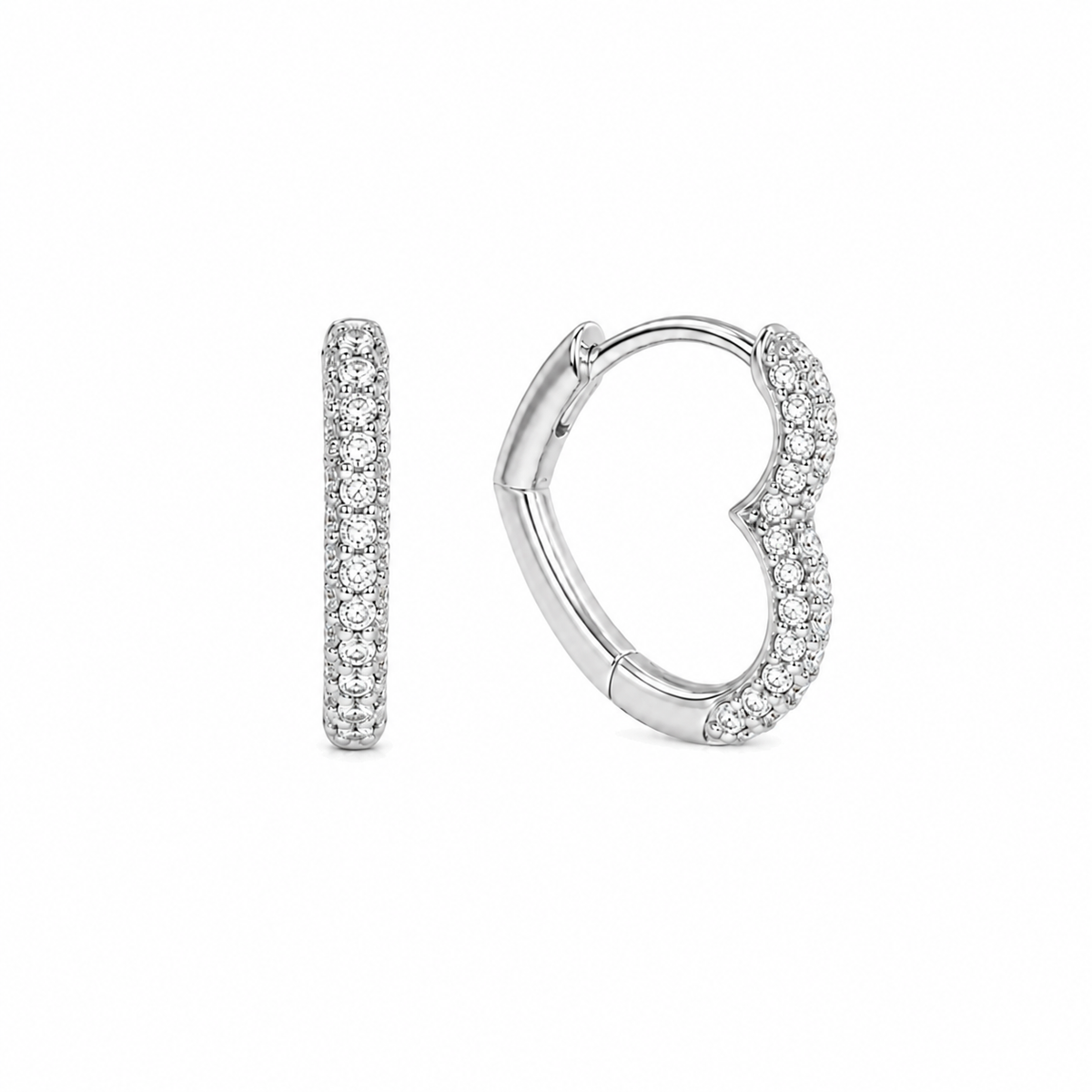 Véronique pavé heart hoop earrings in 925 sterling silver angled view