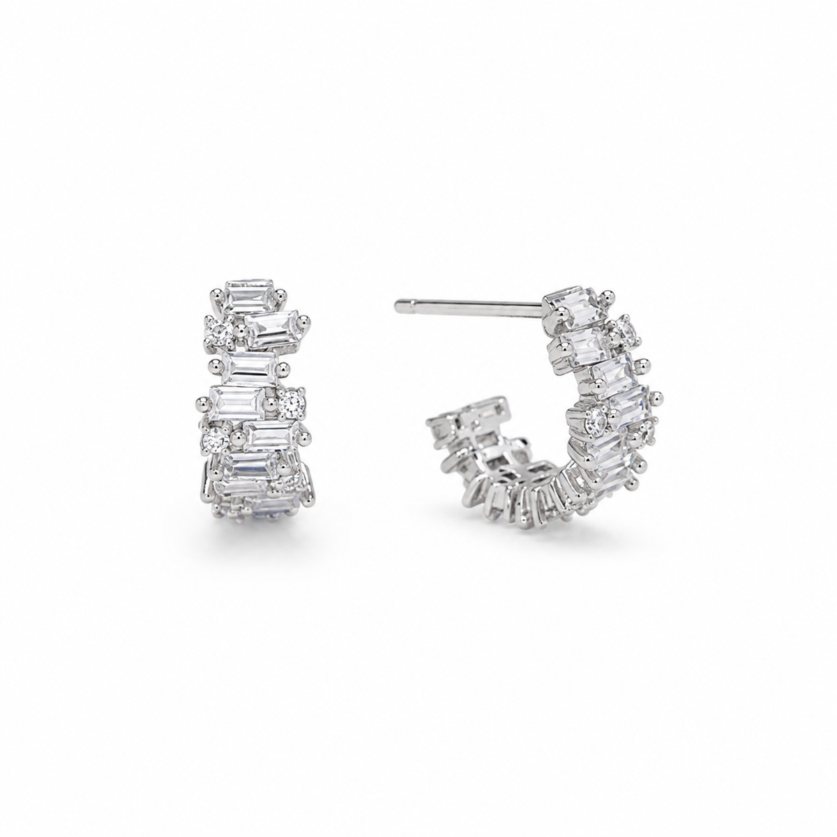 Camille baguette CZ hoop earrings in 925 sterling silver front angled view
